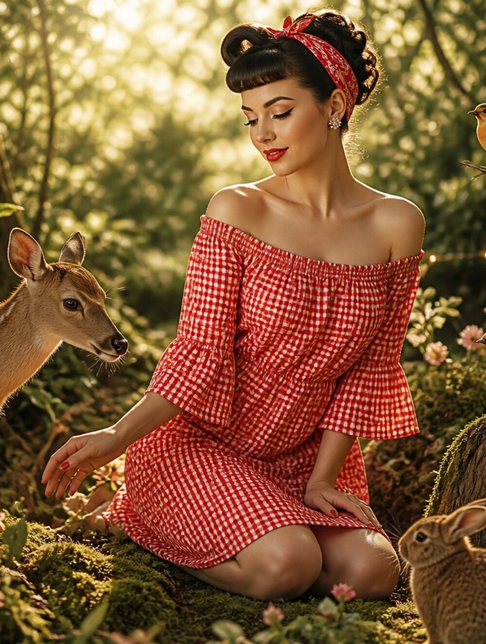 City Streets Red and White Gingham Elastic-Neck Top